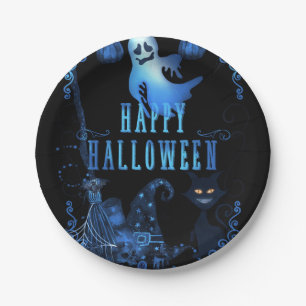 Magical Halloween Party Black Cat Blue Light Glow Paper Plate