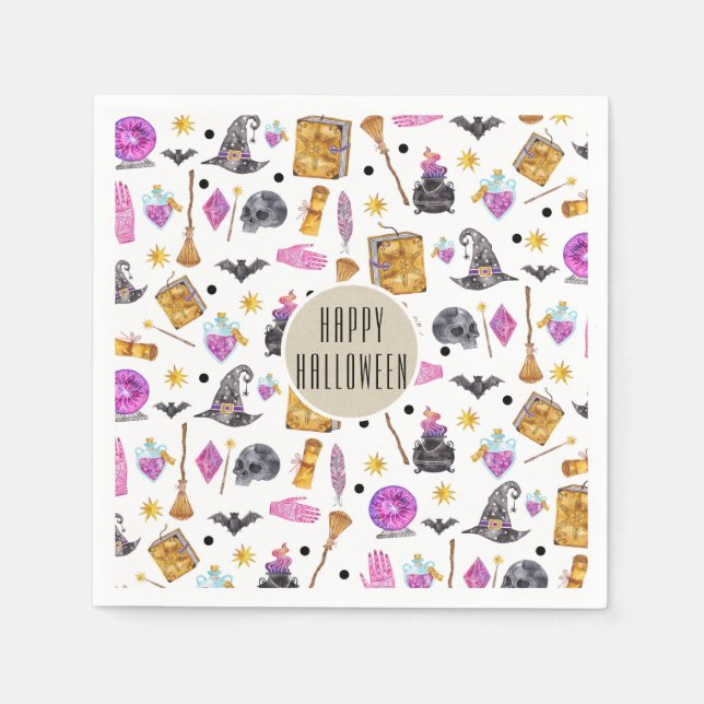 Magical Halloween Watercolor Whimsical Kraft Party Napkin (Front)