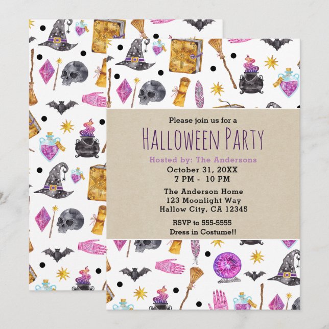 Magical Halloween Watercolor Whimsical Party Invitation (Front/Back)