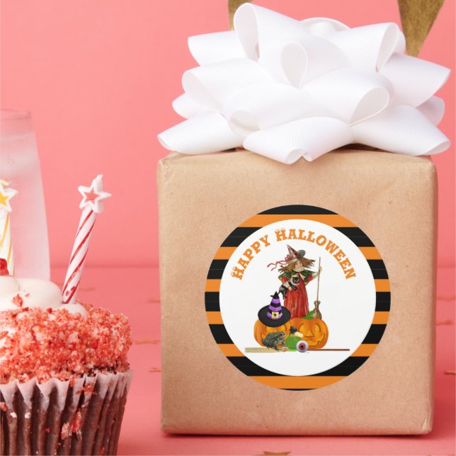 Magical Halloween Witch and Pumpkins Holiday Classic Round Sticker (Party)