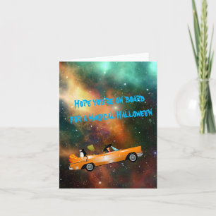 Magical Halloween witch car space greeting card