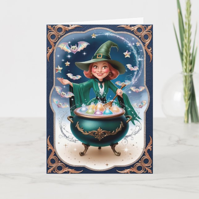 Magical Halloween Witch with Cauldron Enchanting  Card (Front)