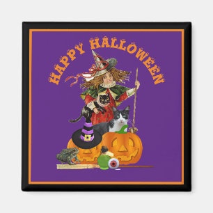 Magical Halloween with Witch Cats Purple Holiday Magnet