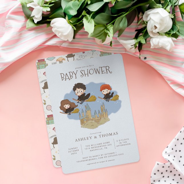Magical Harry Potter and Hogwarts Baby Shower Invitation (Card on table)