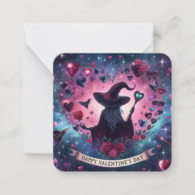 Magical Hearts Witch Valentines Day Note Card (Front)