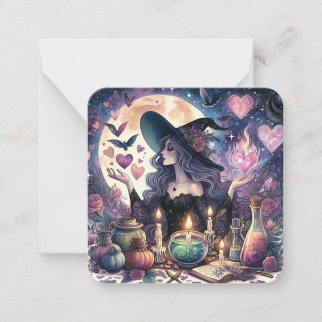 Magical Hearts Witch Valentines Day Note Card (Front)