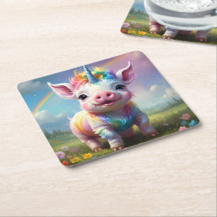 "Magical Hooves: The Rainbow Unicorn Pig" Square Paper Coaster