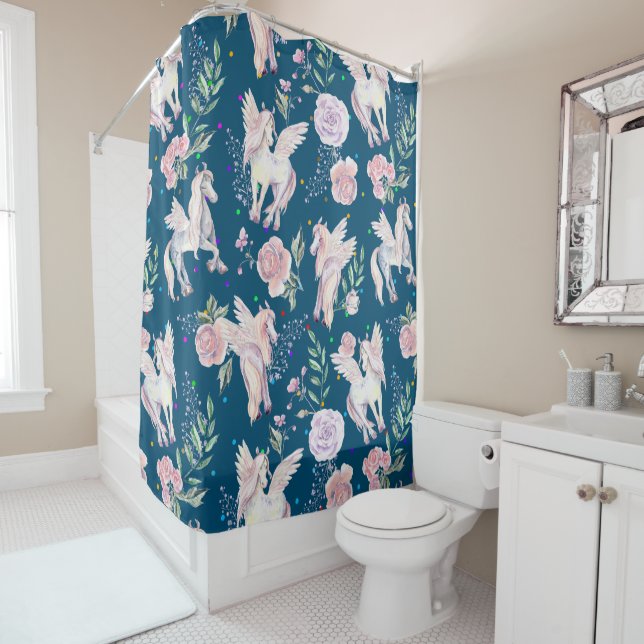 Magical horse and roses pattern shower curtain (In Situ)