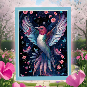Magical Hummingbird Iridescent Wings Pink Flowers Postcard