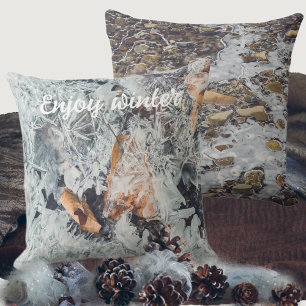 Magical ice crystals pattern with fallen leaves cushion