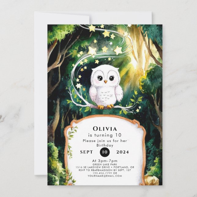 Magical Into the Woods Owl Birthday Invitation (Front)