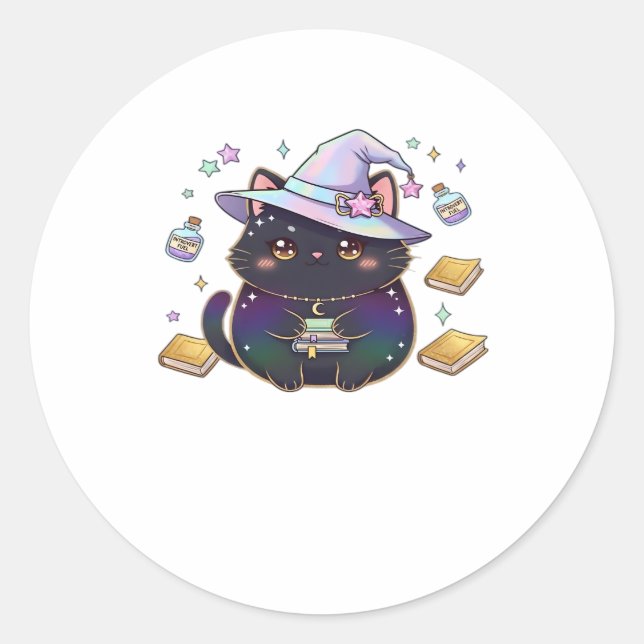 Magical Introvert Cat  Pastel Witch Hat Halloween  Classic Round Sticker (Front)