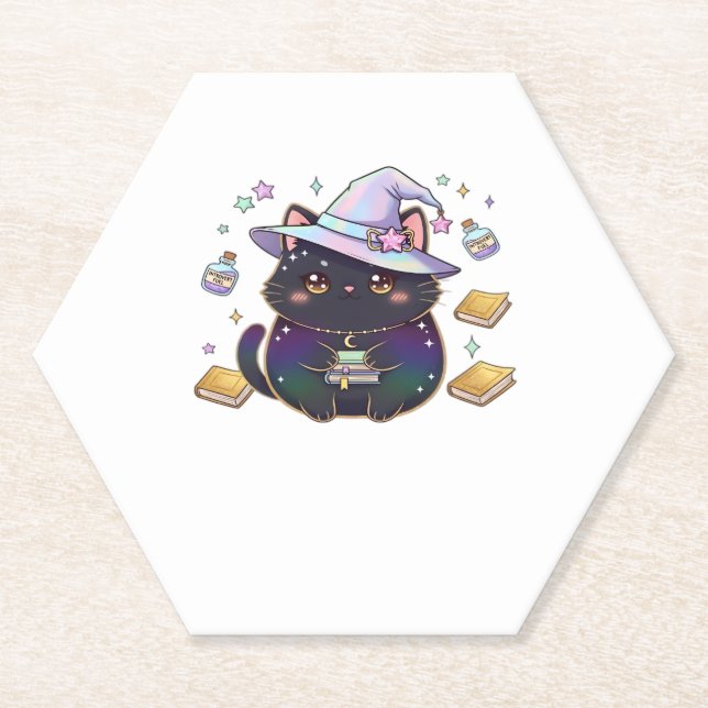 Magical Introvert Cat  Pastel Witch Hat Halloween  Paper Coaster (Front)