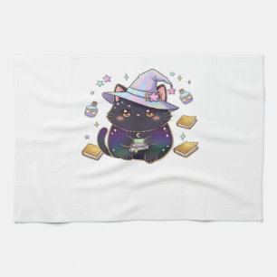 Magical Introvert Cat  Pastel Witch Hat Halloween  Tea Towel