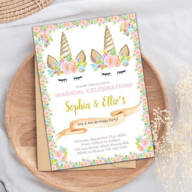 Magical Invite for Twin Girls (Twin Floral Unicorn Birthday Invitations)