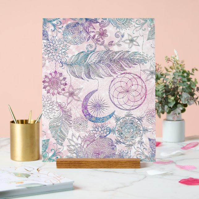 Magical Iridescent Glitter Feathers Dreamcatcher Acrylic Sign (Wedding)