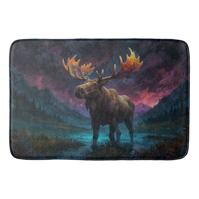 Magical Jasper Moose and Rocky Mountains Bath Mat (Front)
