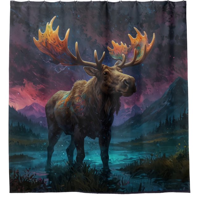 Magical Jasper Moose and Rocky Mountains Shower Curtain (Front)