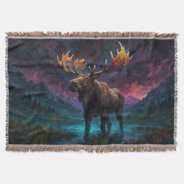 Magical Jasper Moose and Rocky Mountains Throw Blanket (Front)