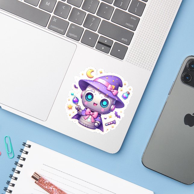 Magical Kawaii Robot Witch Vinyl Cute Pastel Bot  (Laptop w/ iPhone)