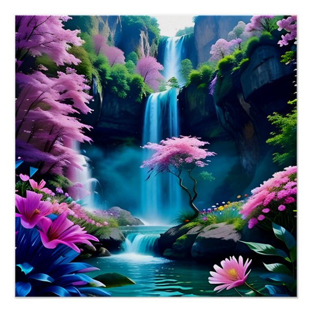 Magical Landscape Waterfall and Flower One Poster (Front)