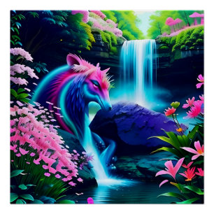 Magical Landscape Waterfall and Flowers Two Poster