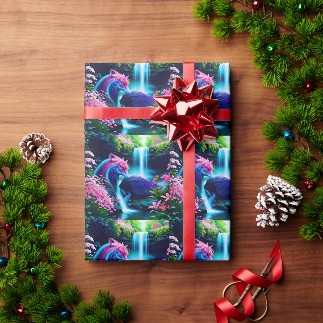 Magical Landscape Waterfall and Flowers Two Wrapping Paper (Holiday Gift)