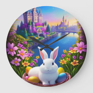 magical landscape with rabbit and magical castles  large clock
