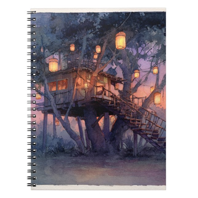 Magical Lantern-Lit Treehouse Illustration Notebook (Front)