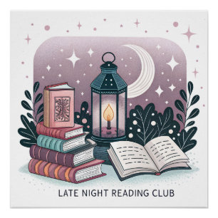 Magical Late Night Reading Club Lantern Book Stack Poster