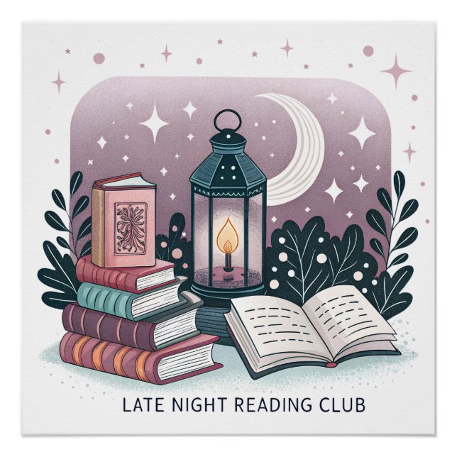 Magical Late Night Reading Club Lantern Book Stack Poster (Front)