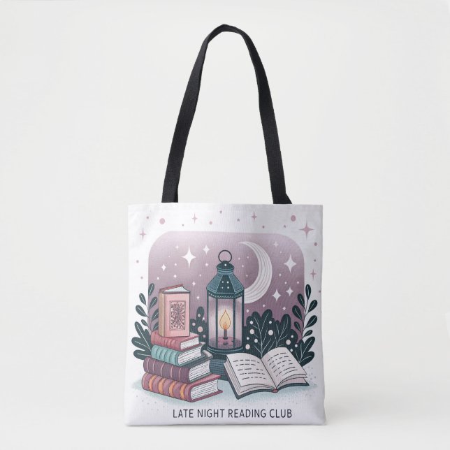 Magical Late Night Reading Club Lantern Book Stack Tote Bag (Front)