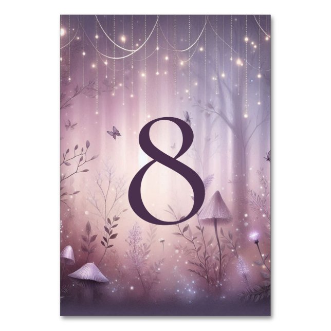 Magical Lavender Fairy Lights Wedding Table Number (Front)