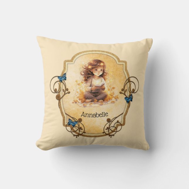 Magical Little Girl Reading a Book  Cushion (Front)