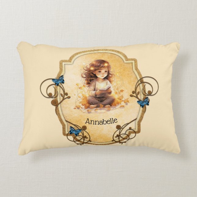 Magical Little Girl Reading a Book  Decorative Cushion (Front)