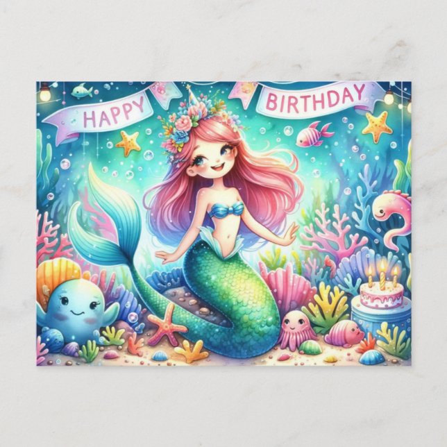 Magical Mermaid Birthday Card - Watercolor (Front)