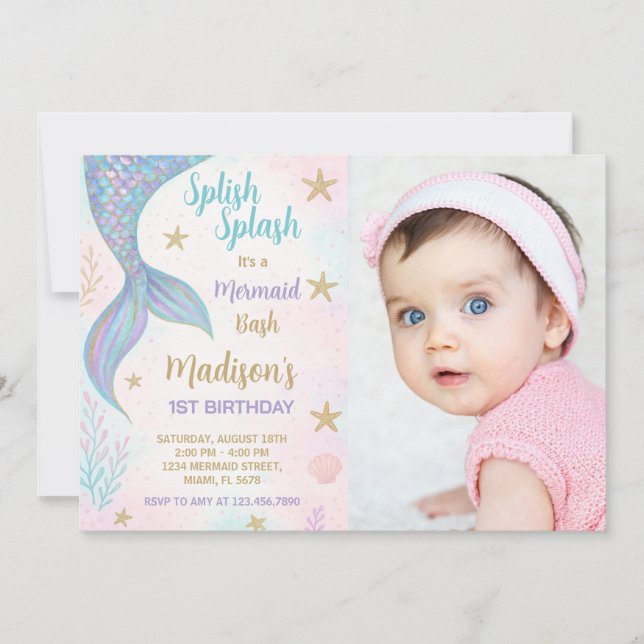 Magical Mermaid Birthday Invitation with Photo (Front)