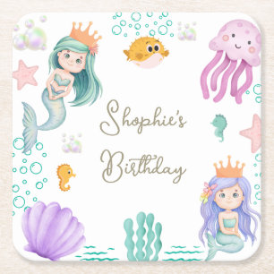 Magical Mermaid Birthday Party  Square Paper Coaster