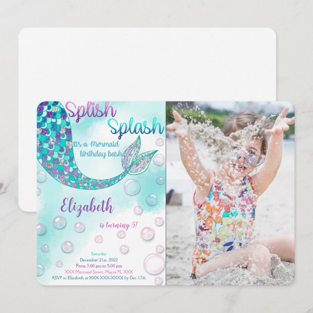 Magical Mermaid Birthday Photo Invitation (Front/Back)