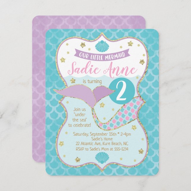 Magical Mermaid Birthday Purple and Turquoise Invitation (Front/Back)