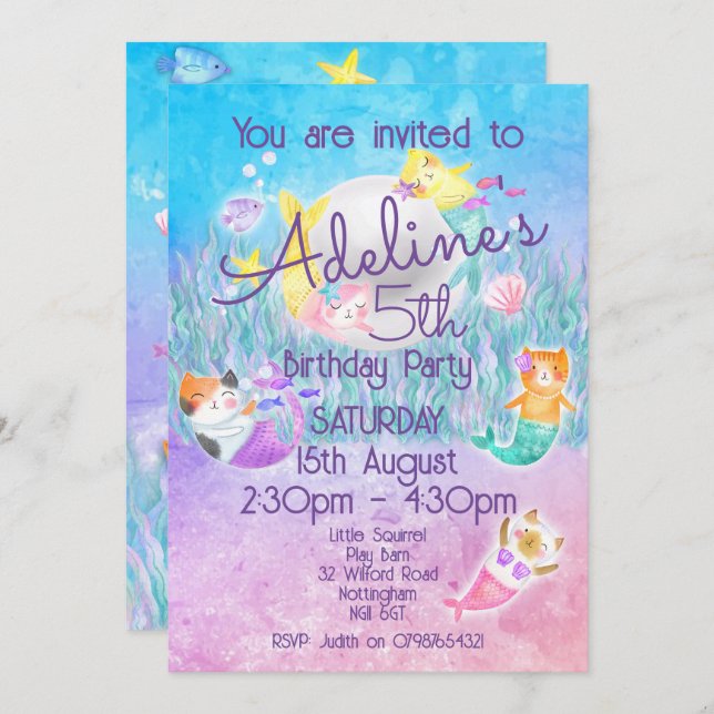 Magical Mermaid Cat Invitations (Front/Back)