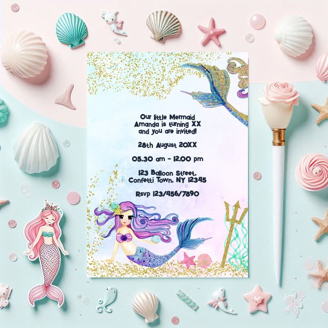 Magical Mermaid Faux Glitter Kids Birthday Party Invitation (Magical Mermaid Faux Glitter Kids Birthday Party Invitation)