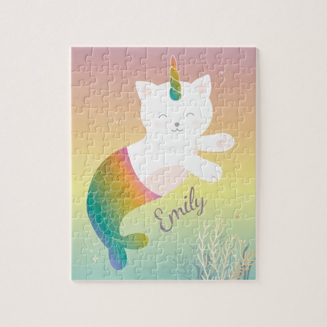 Magical Mermaid Kitty Rainbow Glitter Personalised Jigsaw Puzzle (Vertical)