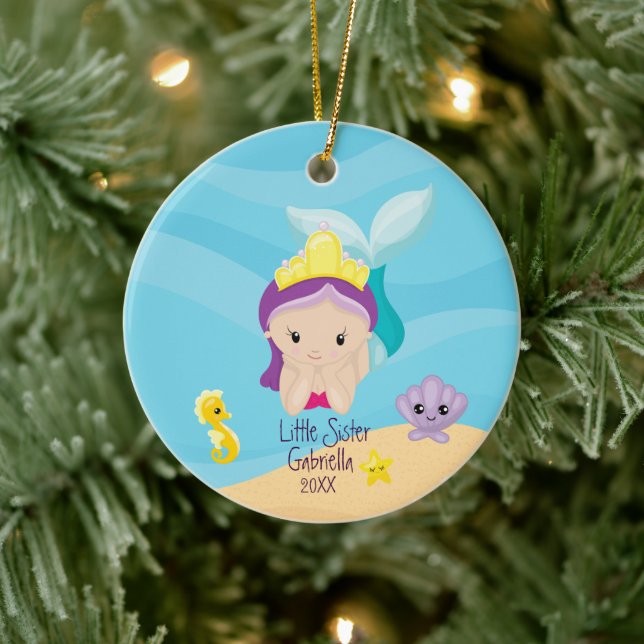 Magical Mermaid Little Sister Christmas Ceramic Ornament (Tree)
