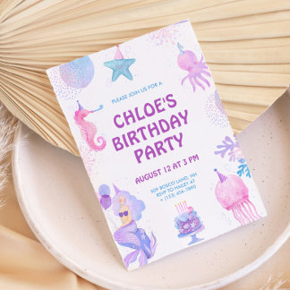 Magical Mermaid Purple Pink Watercolor Birthday Invitation