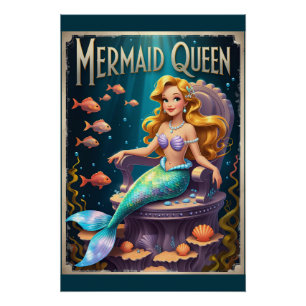 Magical Mermaid Queen Cartoon Underwater Art Poster