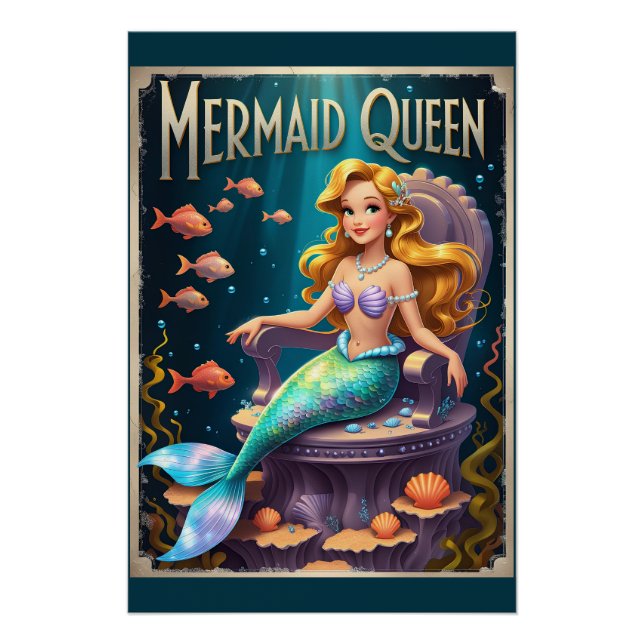 Magical Mermaid Queen Cartoon Underwater Art Poster (Front)