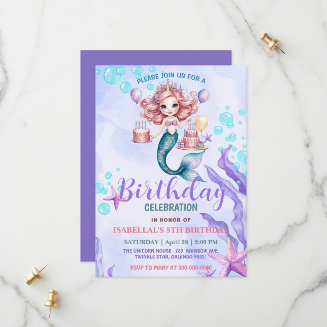 Magical mermaid rainbow Birthday girl party Save The Date (Front/Back In Situ)