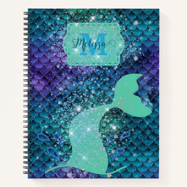 Magical Mermaid Scales Faux Glitter Girly Monogram Notebook (Front)