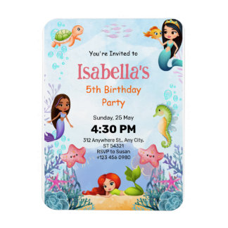 Magical Mermaid Sea 5th Birthday Party Invitation Magnet